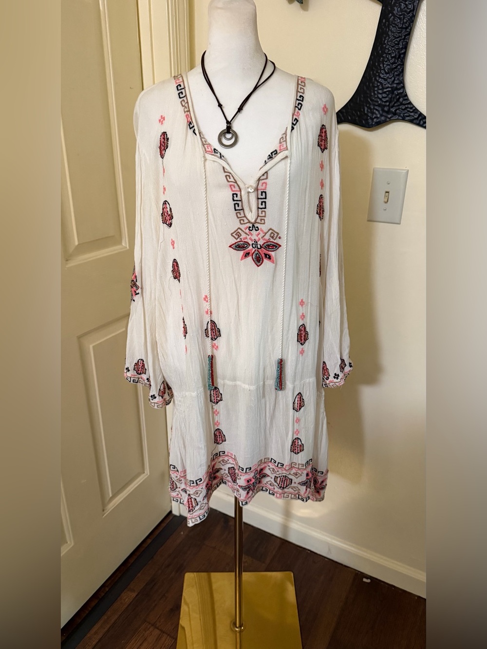 Boho Embroidered White Tunic Top with Pink Accents by Seventh Avenue